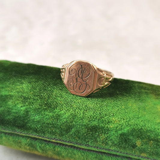 Antique Rolled Gold Plated Signet Ring - Hand Engraved Initials PG