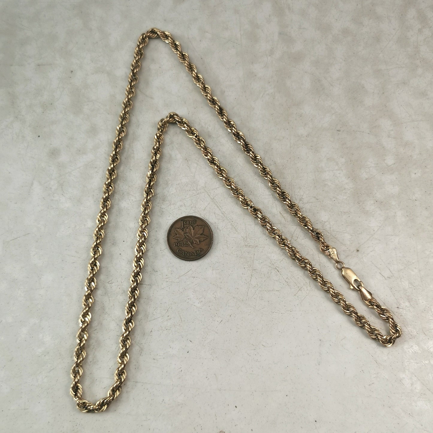 Estate 10k Yellow Gold 4.5mm Hollow Rope Chain -  24" Chain - HAS WEAR