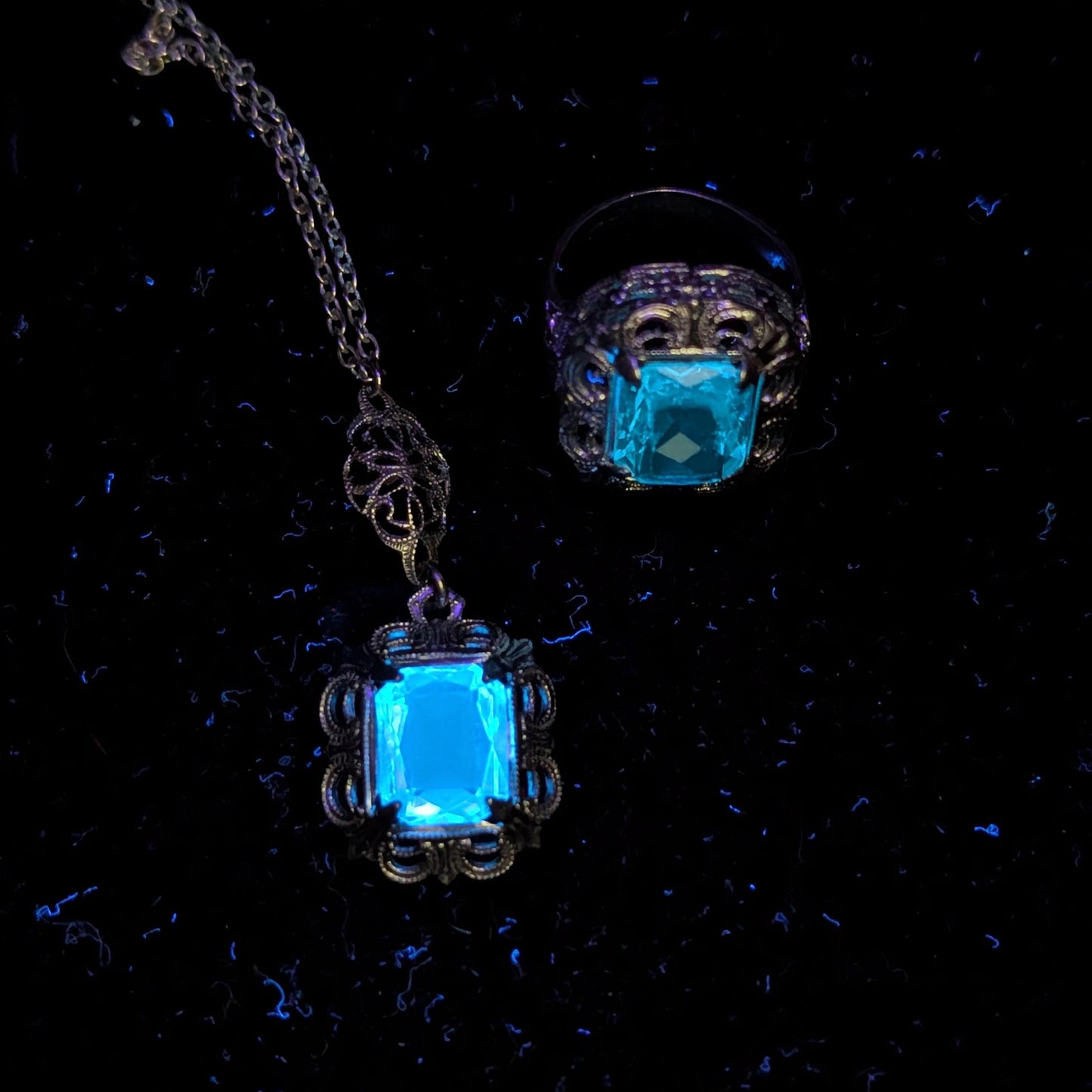 Art Deco Sterling Silver Blue Uranium Glass Set - Ring and Lavalier Necklace