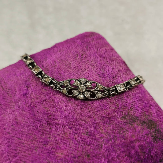 Antique Art Deco Sterling Silver & Paste Rhinestone Filigree Line Bracelet