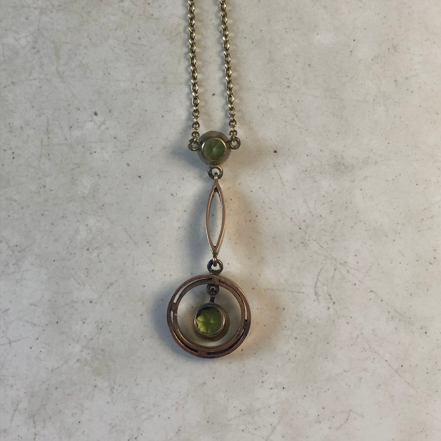 Edwardian 9ct Gold Peridot and Seed Pearl Lavalier Necklace and Matching Brooch Jewellery Suite