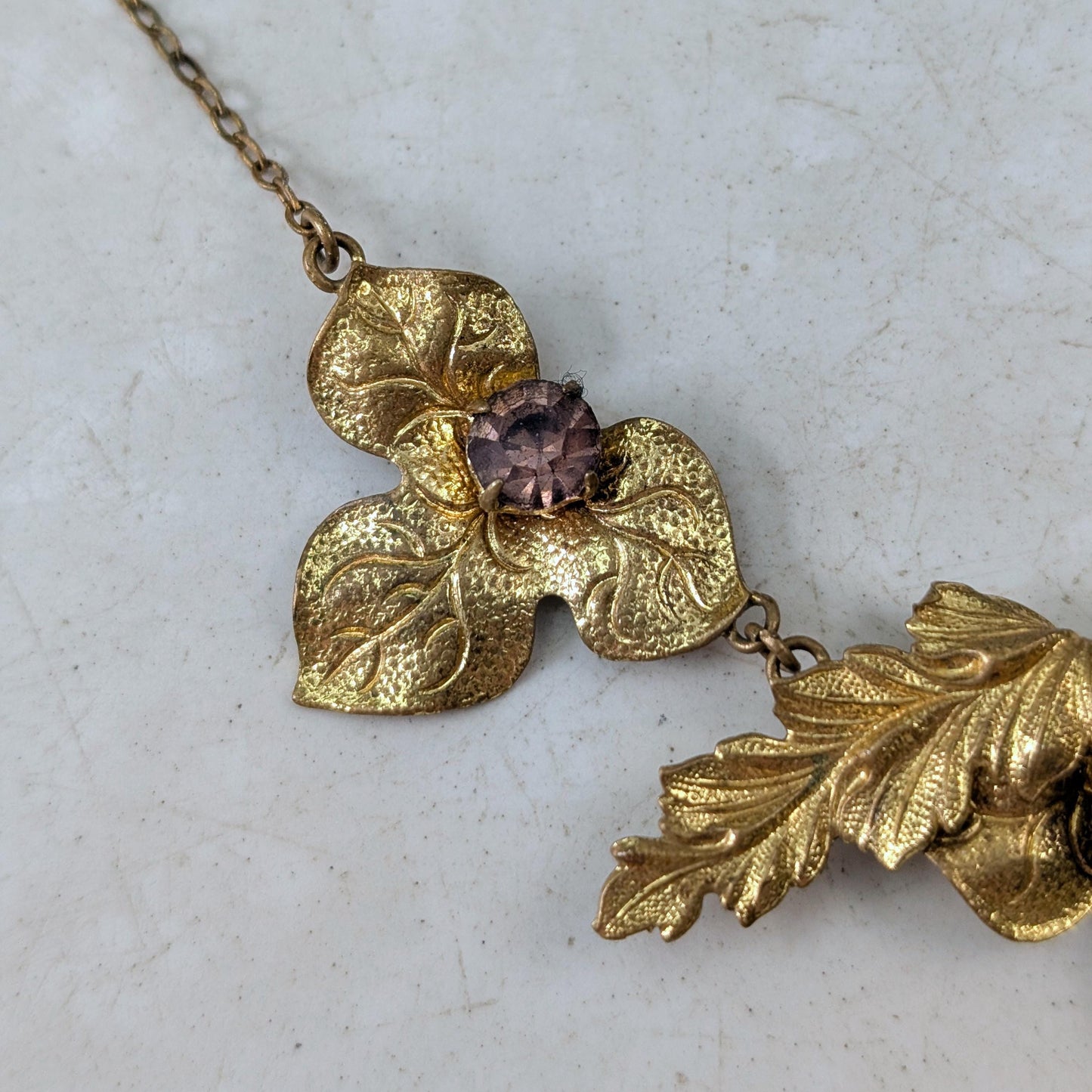 Antique Art Nouveau Brass Ivy Leaf Necklace - Paste Stone Gold Filled Collar Necklace - 16.5"