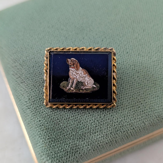 Victorian Gold Plated Micro Mosaic Dog Brooch