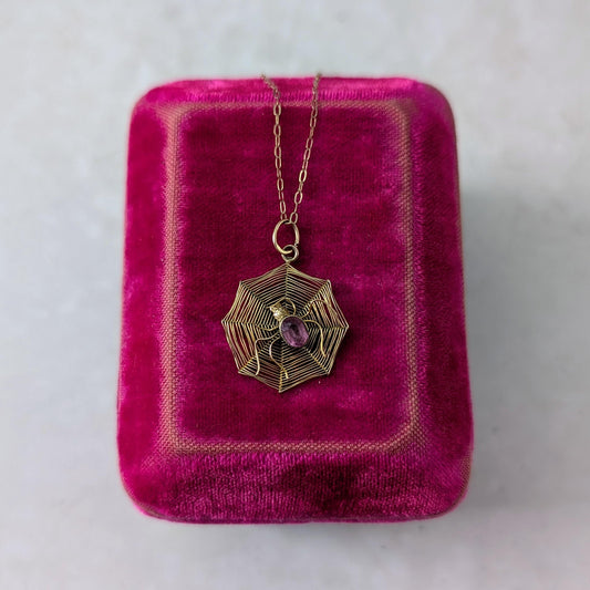 Victorian 9ct Yellow Gold Spider Web Charm Necklace
