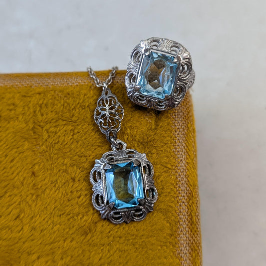 Art Deco Sterling Silver Blue Uranium Glass Set - Ring and Lavalier Necklace
