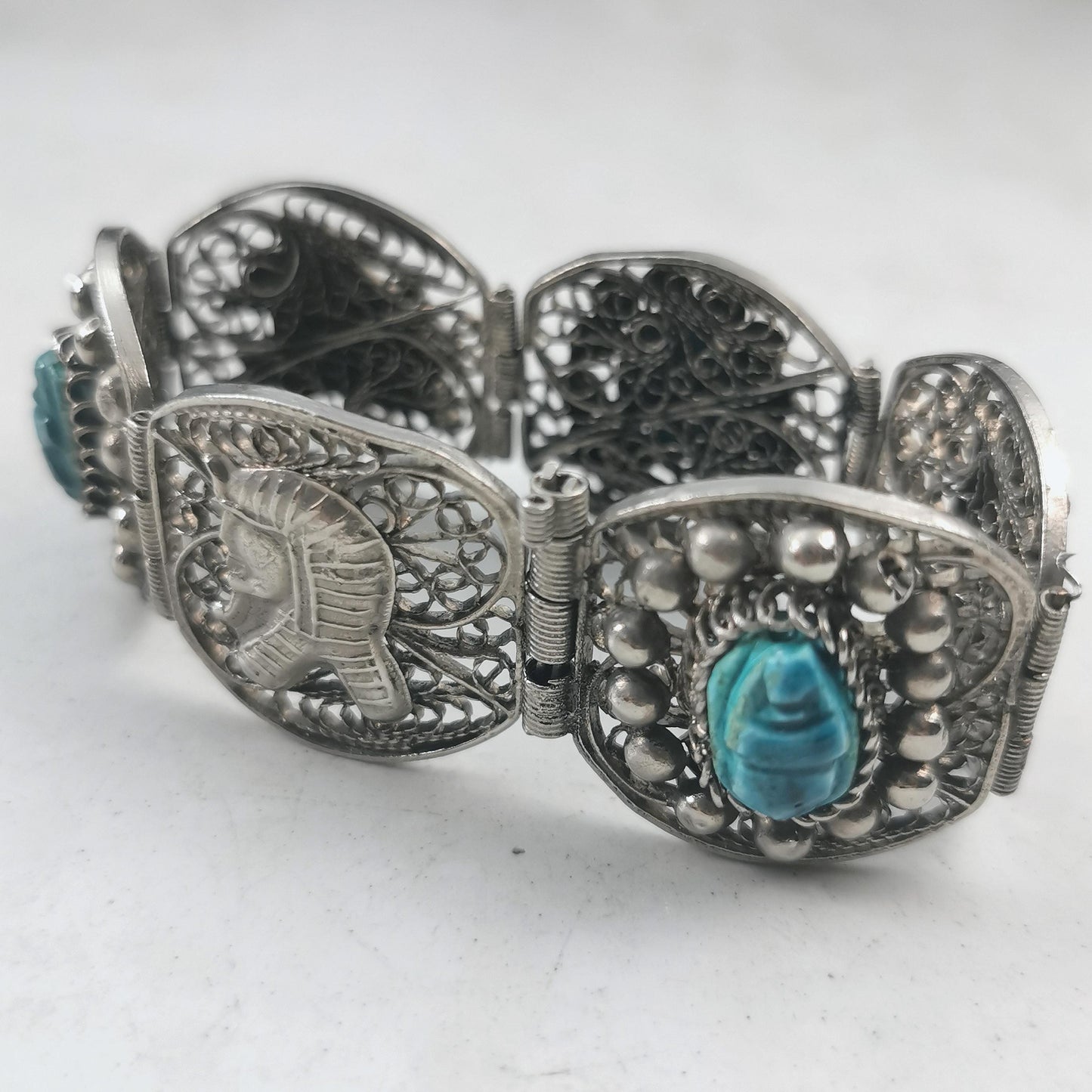 Vintage Egyptian Silver and Faience Scarab Beetle Filigree Bracelet