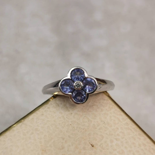 Estate 10k White Gold Tanzanite and Diamond Quatrefoil Flower Ring