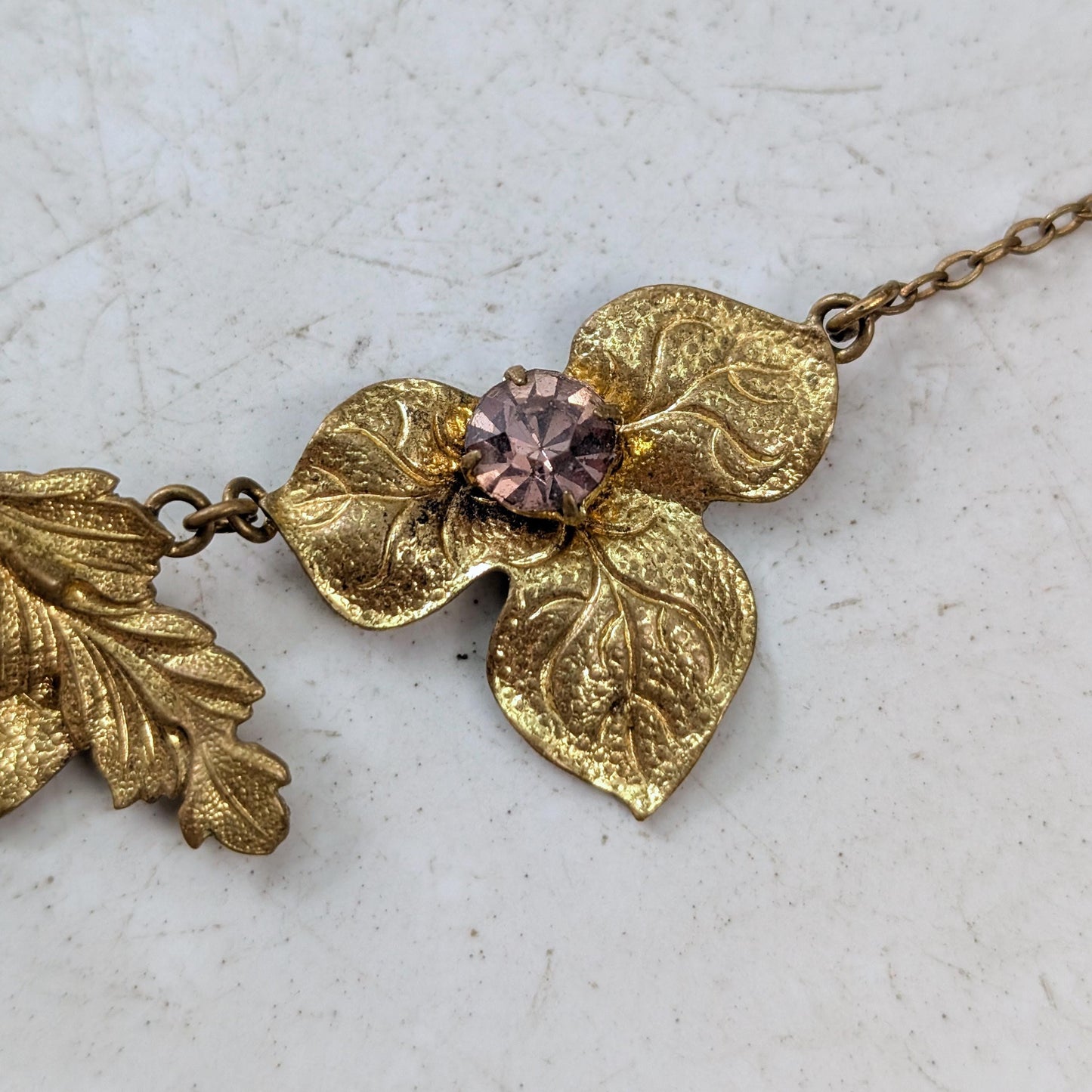 Antique Art Nouveau Brass Ivy Leaf Necklace - Paste Stone Gold Filled Collar Necklace - 16.5"
