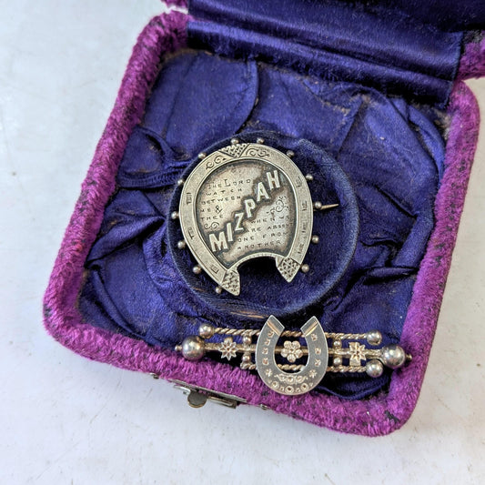 Set of Victorian Sterling Silver Brooches - Mizpah & Lucky Horseshoe Sweetheart Brooches