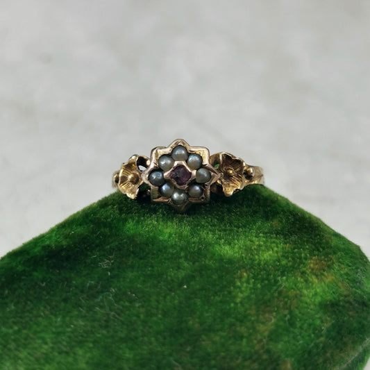 Antique Holland Victorian 19k Yellow Gold Seed Pearl Flower Ring
