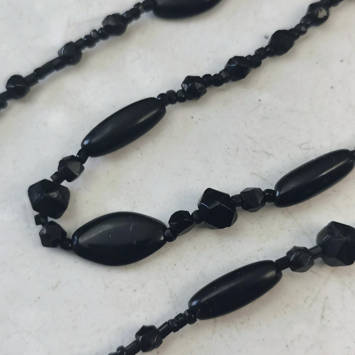 Victorian Black Glass Mourning Beads - Long Guard Chain Mourning Necklace