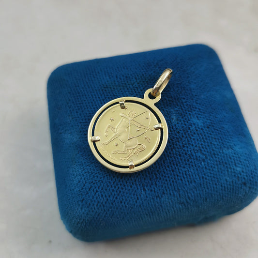 Estate 10k Yellow Gold Sagittarius UnoAerre Giampaoli Zodiac Coin Pendant