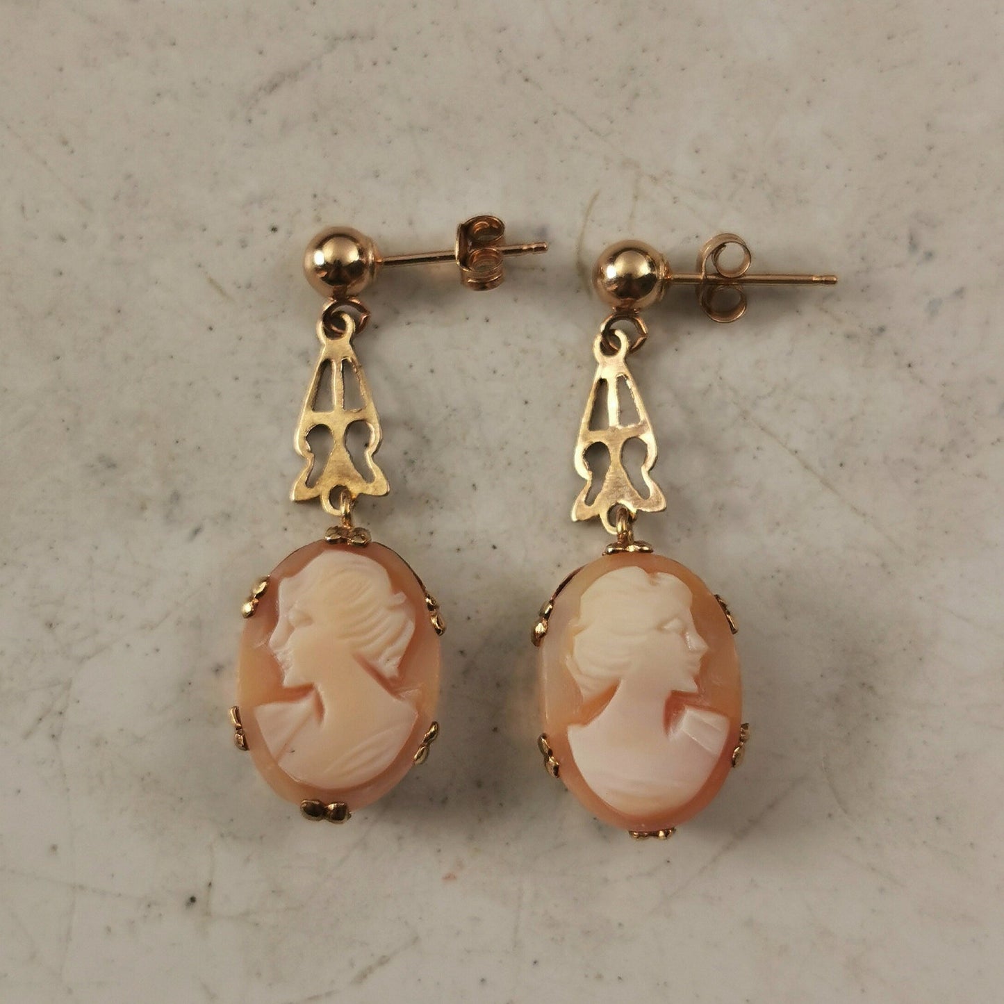 Vintage 10k/9ct Yellow Gold Cameo Filigree Drop Earrings