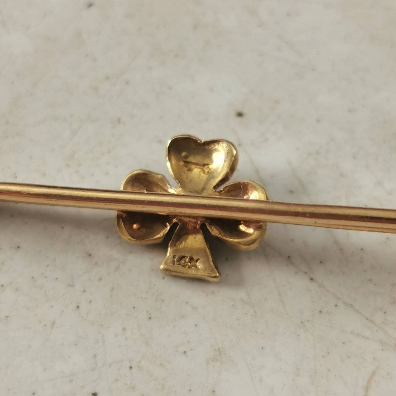 Victorian 14k Yellow Gold Seed Pearl Clover Safety Pin Brooch
