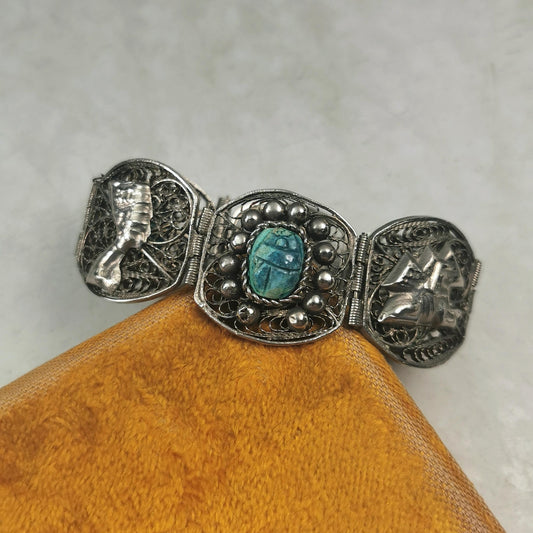 Vintage Egyptian Silver and Faience Scarab Beetle Filigree Bracelet
