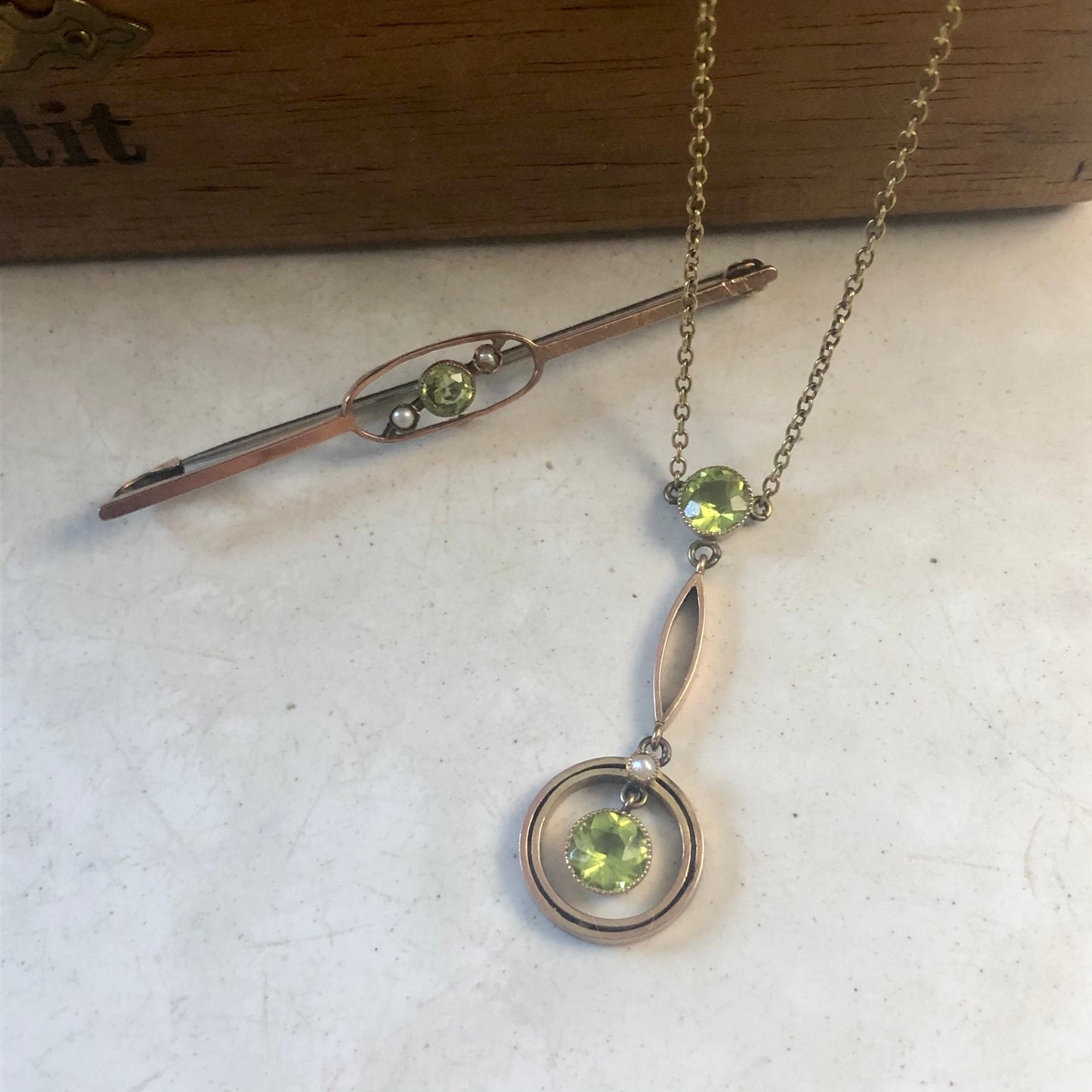 Edwardian 9ct Gold Peridot and Seed Pearl Lavalier Necklace and Matching Brooch Jewellery Suite
