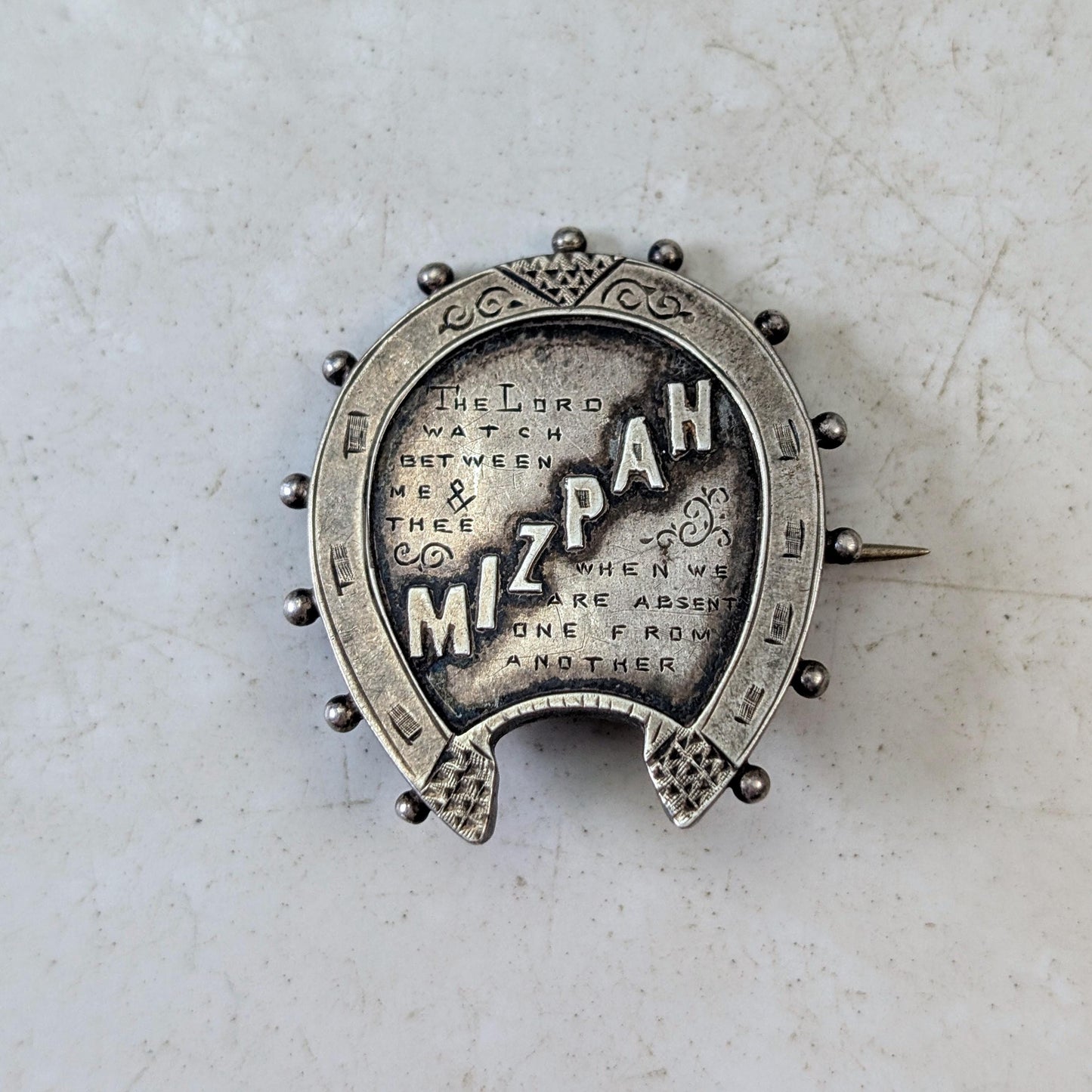 Set of Victorian Sterling Silver Brooches - Mizpah & Lucky Horseshoe Sweetheart Brooches