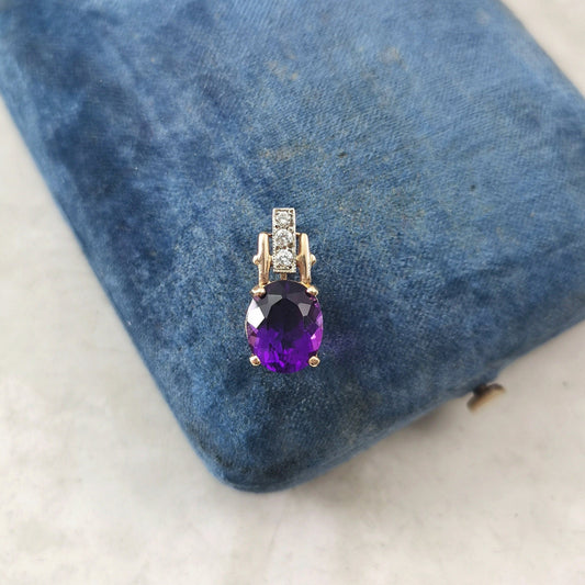 Vintage Large 14k Yellow and White Gold Amethyst and Diamond Pendant
