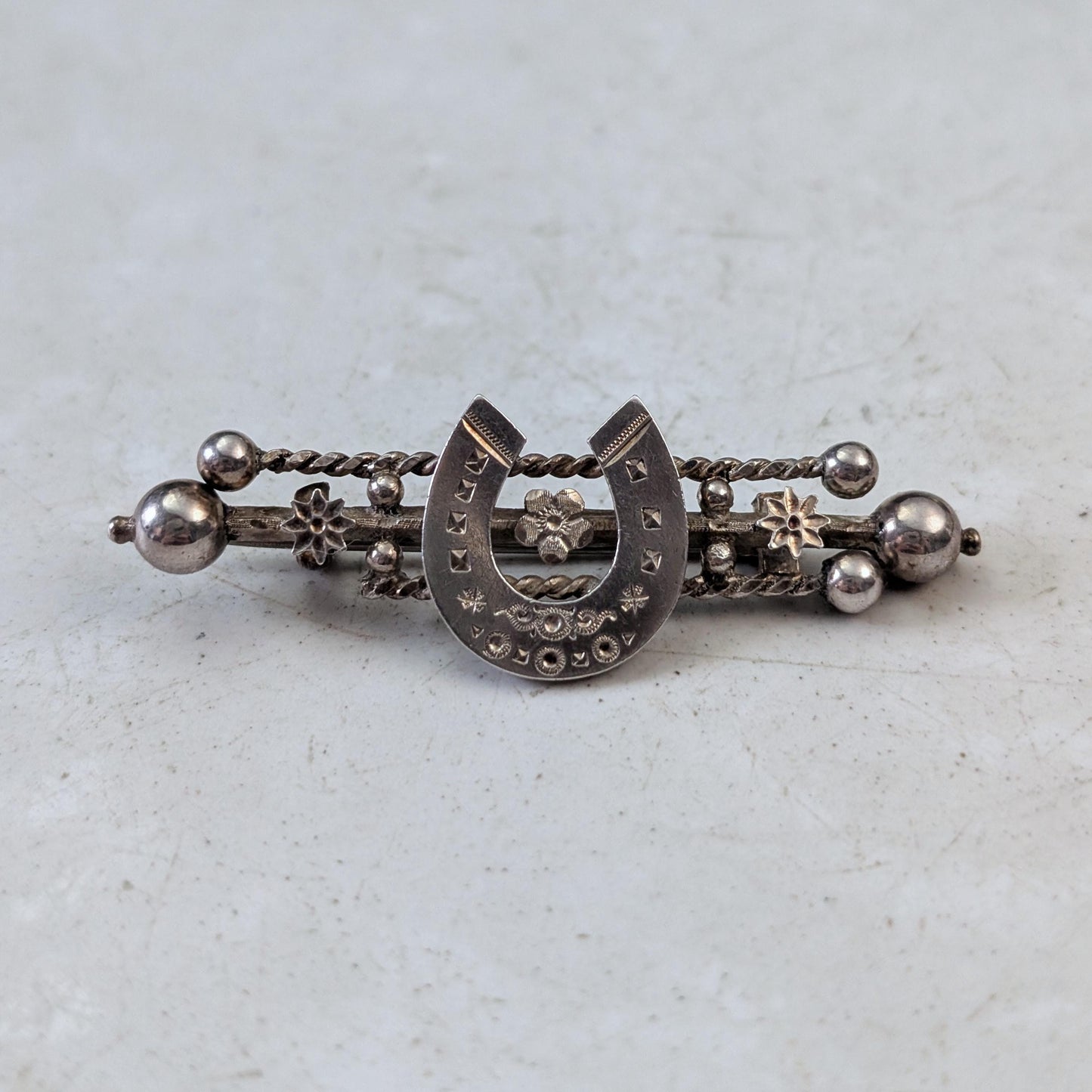 Set of Victorian Sterling Silver Brooches - Mizpah & Lucky Horseshoe Sweetheart Brooches