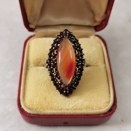 Bohemian 900 Silver Rose Cut Garnet Navette Ring