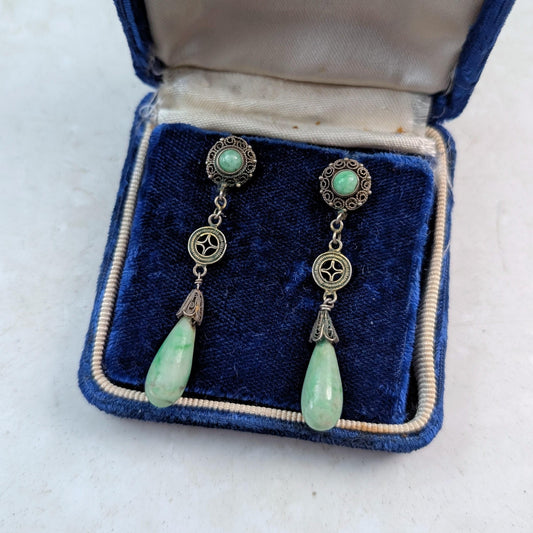 Vintage Chinese Export Jade Tear Drop Earrings - 14k Post Pierced Earrings - Gild Silver Filigree Dangle Stud Earrings