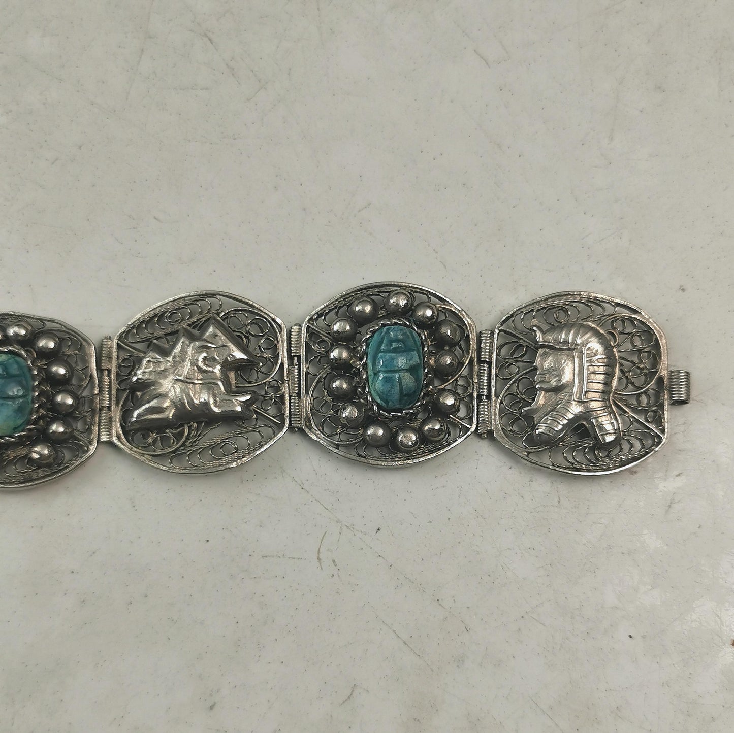 Vintage Egyptian Silver and Faience Scarab Beetle Filigree Bracelet