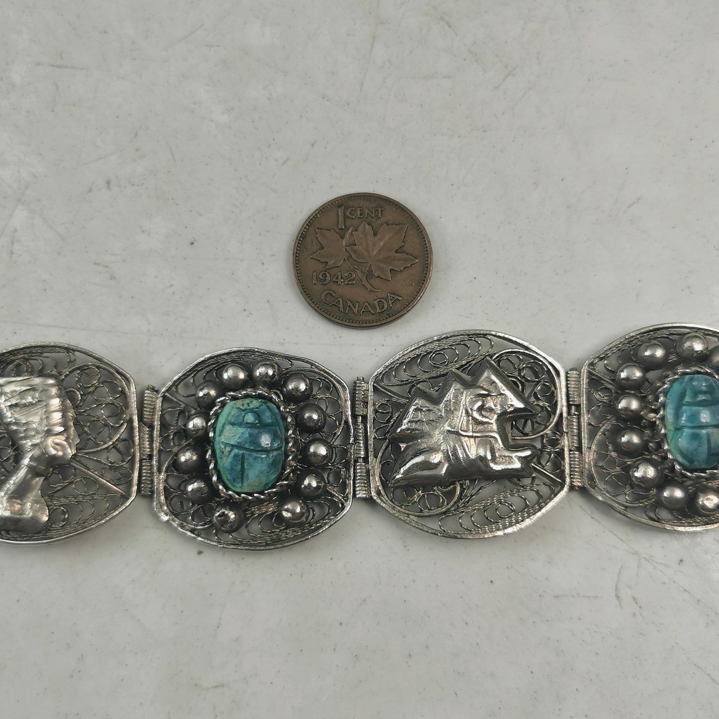 Vintage Egyptian Silver and Faience Scarab Beetle Filigree Bracelet