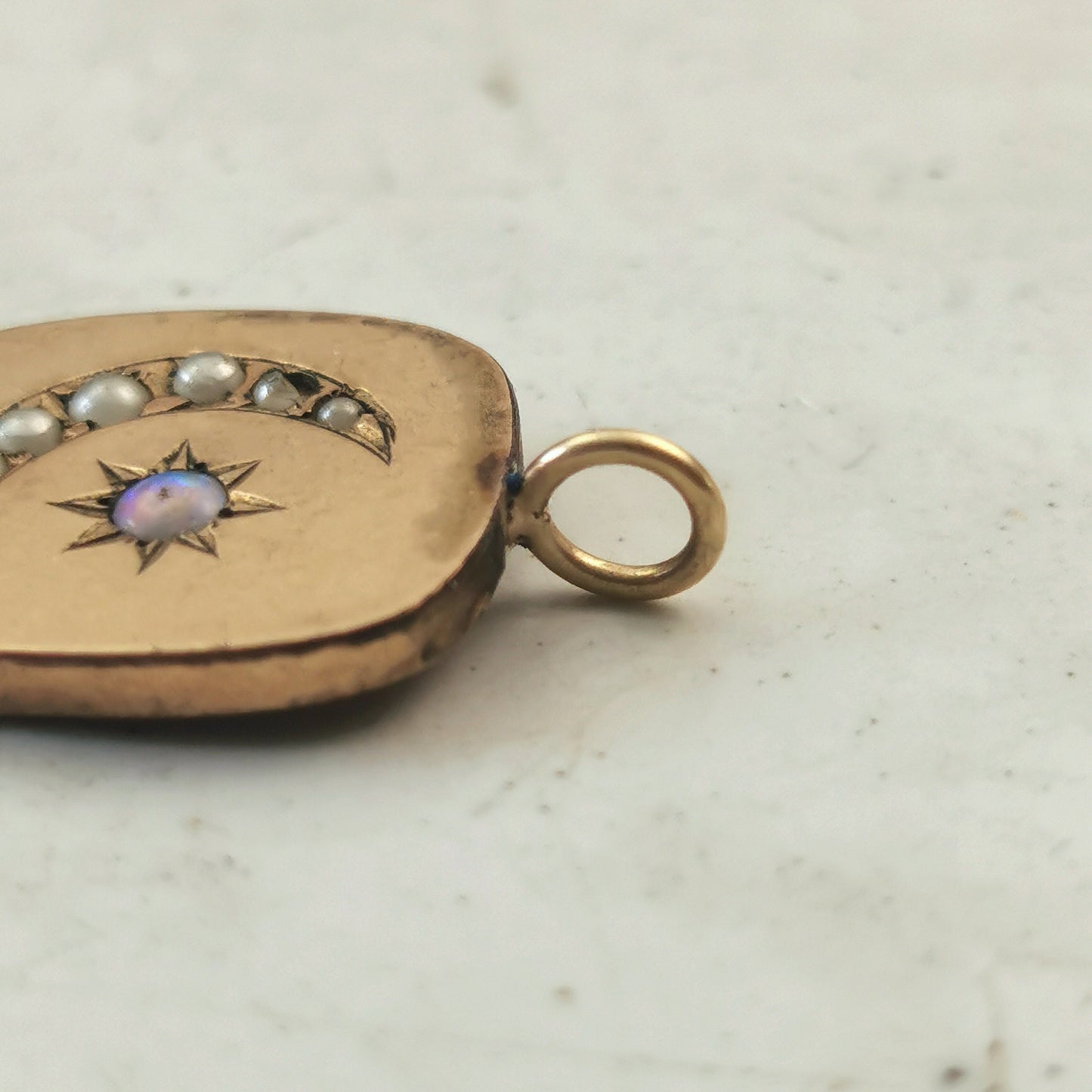 Victorian Gold Fill Seed Pearl Crescent Moon & Opal Star Pendant