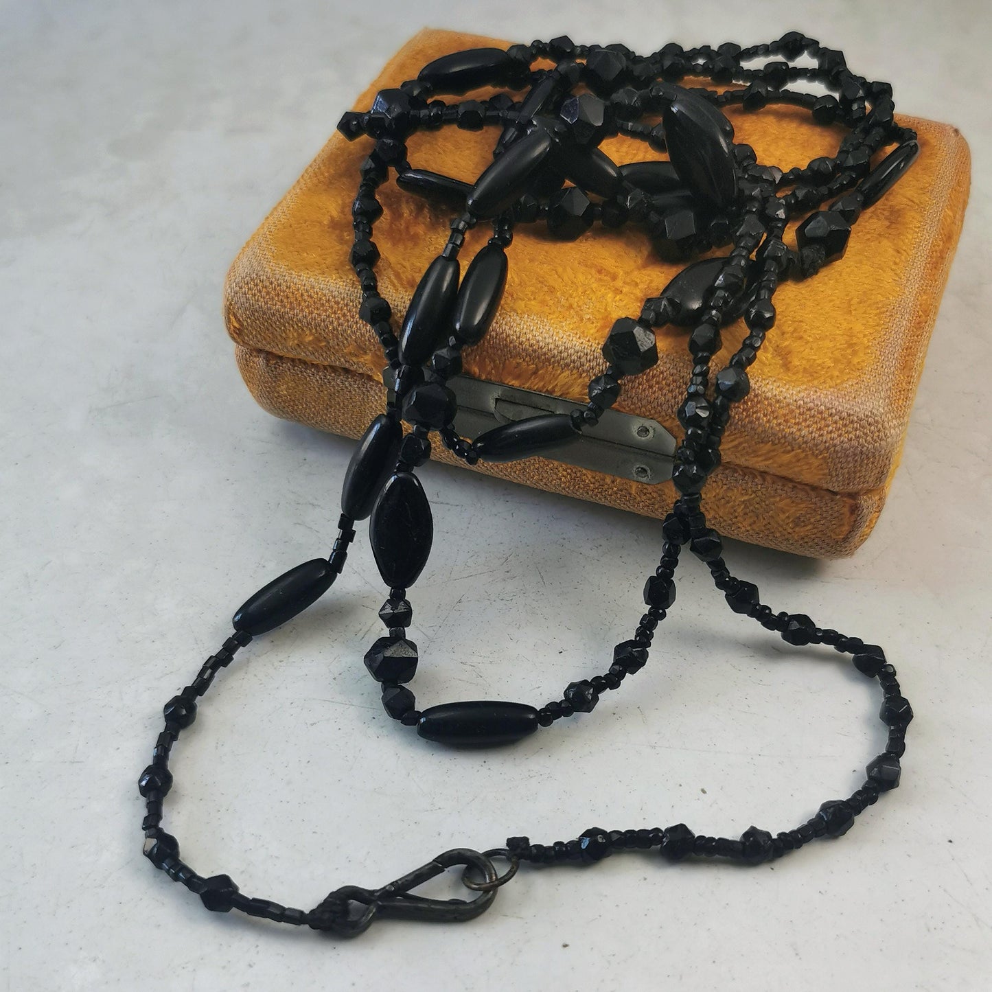 Victorian Black Glass Mourning Beads - Long Guard Chain Mourning Necklace