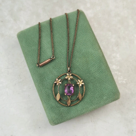 Antique Edwardian Gold Fill on Brass Necklace - Paste Amethyst Lavaliere Necklace - 17.5"