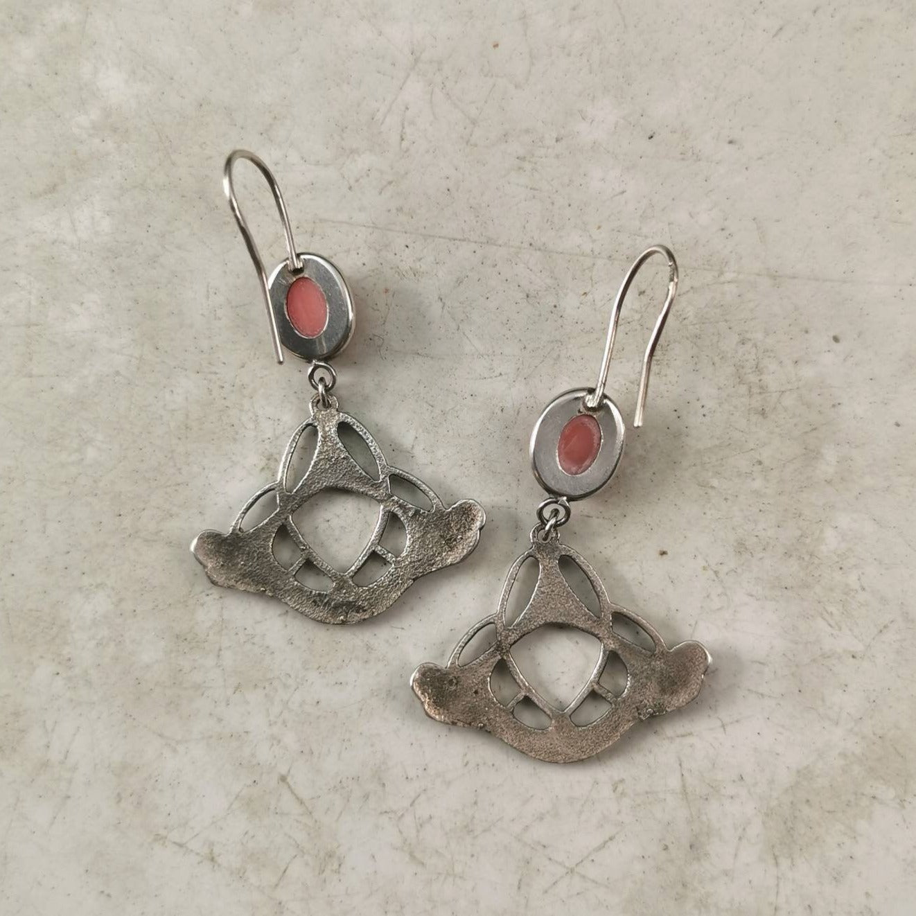 Sterling Silver Art Nouveau Style Russian Coral Dangle Earrings
