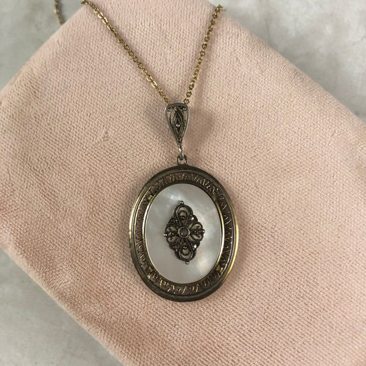 Art Deco 835 Silver Mother of Pearl and Marcasite Filigree Necklace