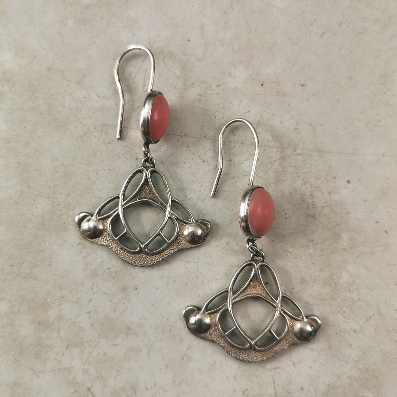Sterling Silver Art Nouveau Style Russian Coral Dangle Earrings