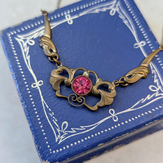 Antique Art Nouveau Brass & Pink Gem Necklace