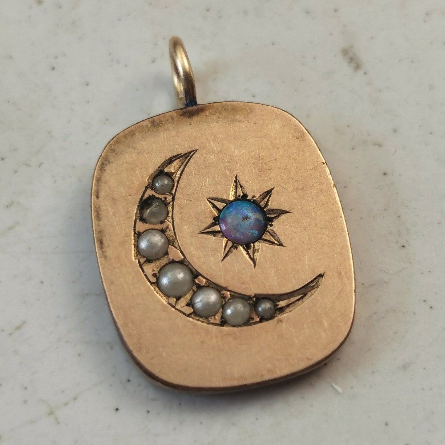 Victorian Gold Fill Seed Pearl Crescent Moon & Opal Star Pendant