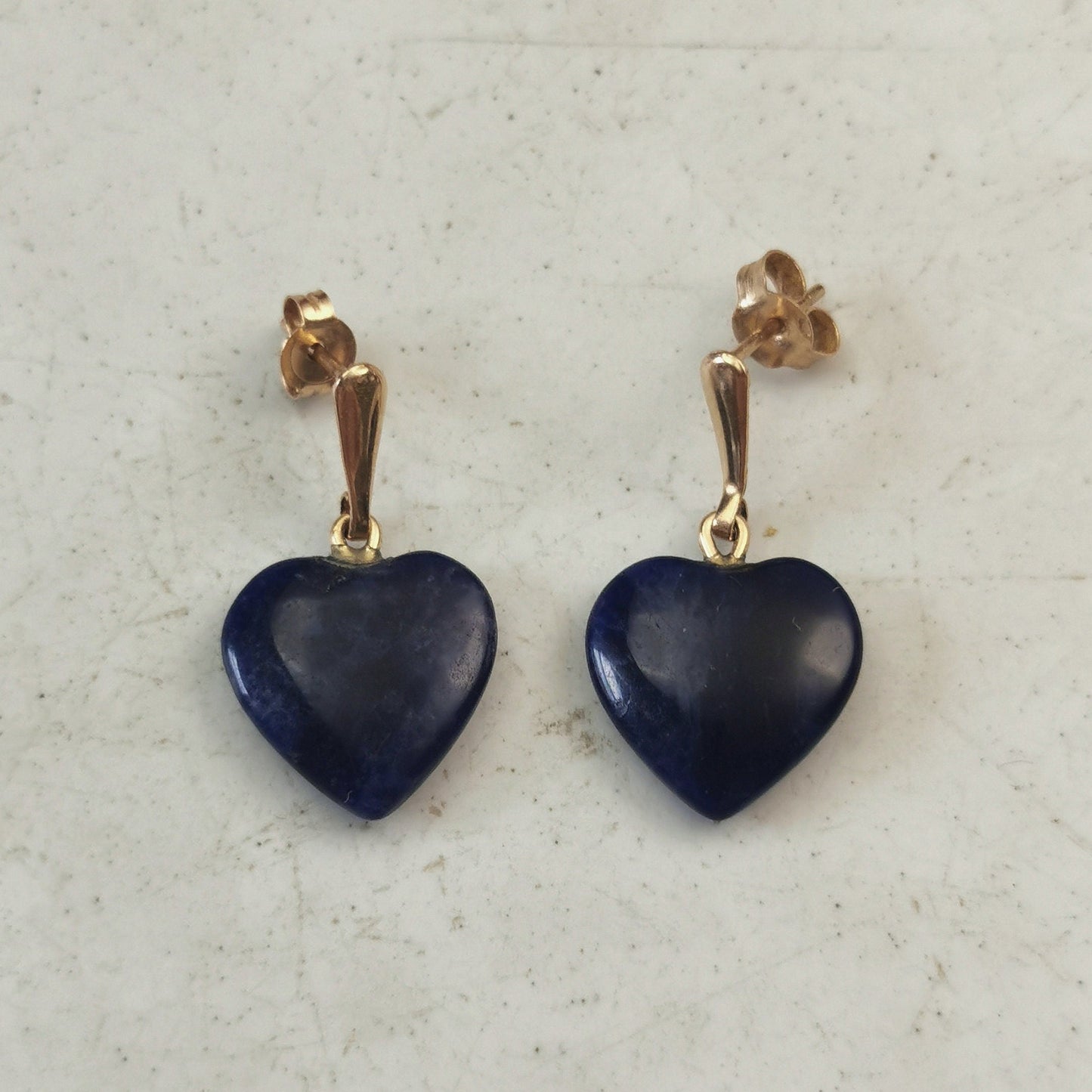 Vintage 14k Yellow Gold Sodalite Heart Dangle Stud Earrings