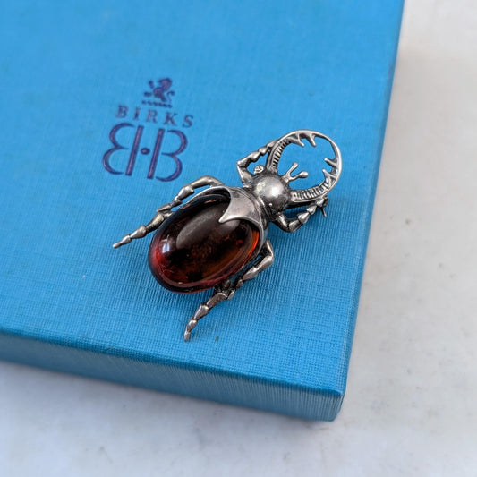 Vintage Sterling Silver and Amber Beetle Brooch