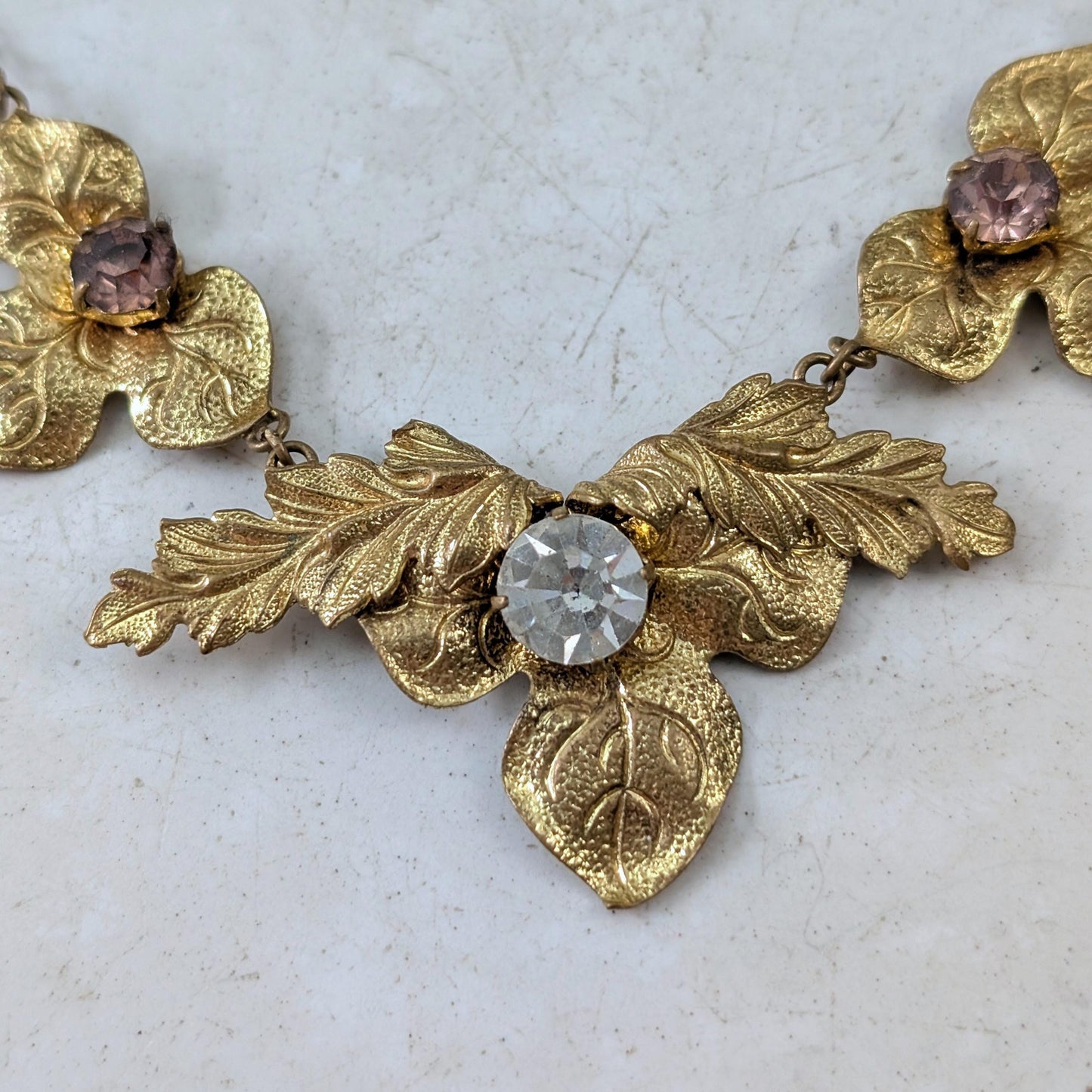 Antique Art Nouveau Brass Ivy Leaf Necklace - Paste Stone Gold Filled Collar Necklace - 16.5"