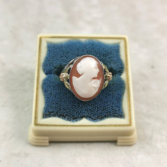 Art Deco 10k White Gold with Rose Gold Green Gold Accent Cameo Ring
