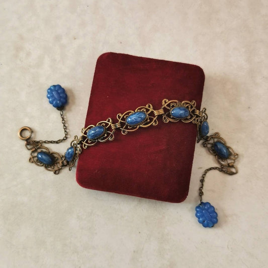 Antique Czech Glass Filigree Bracelet with Dangles