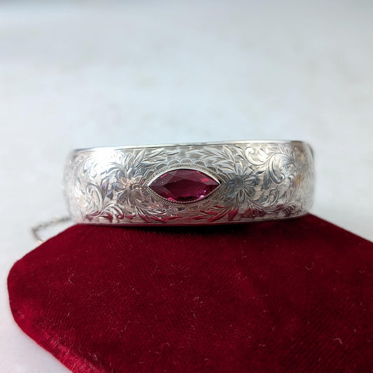 Vintage Sterling Silver Chased Cuff Bracelet with Marquise Cut Lab Ruby