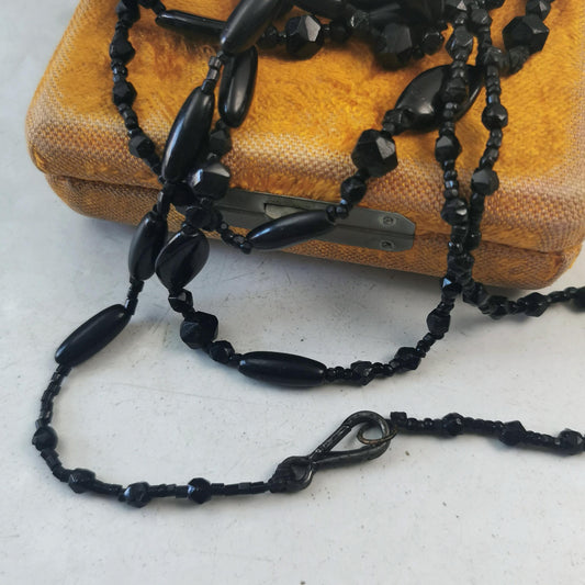 Victorian Black Glass Mourning Beads - Long Guard Chain Mourning Necklace