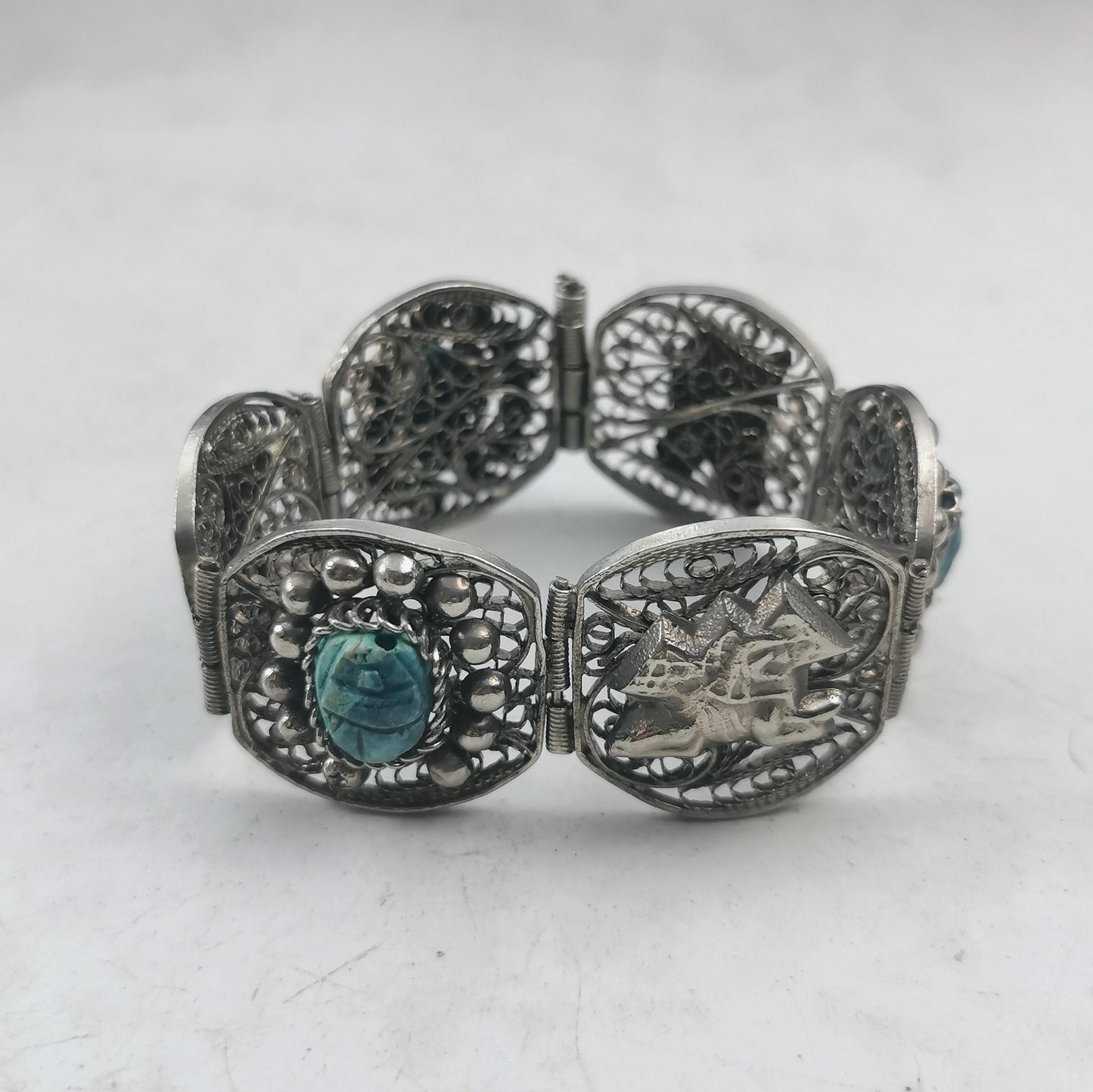 Vintage Egyptian Silver and Faience Scarab Beetle Filigree Bracelet