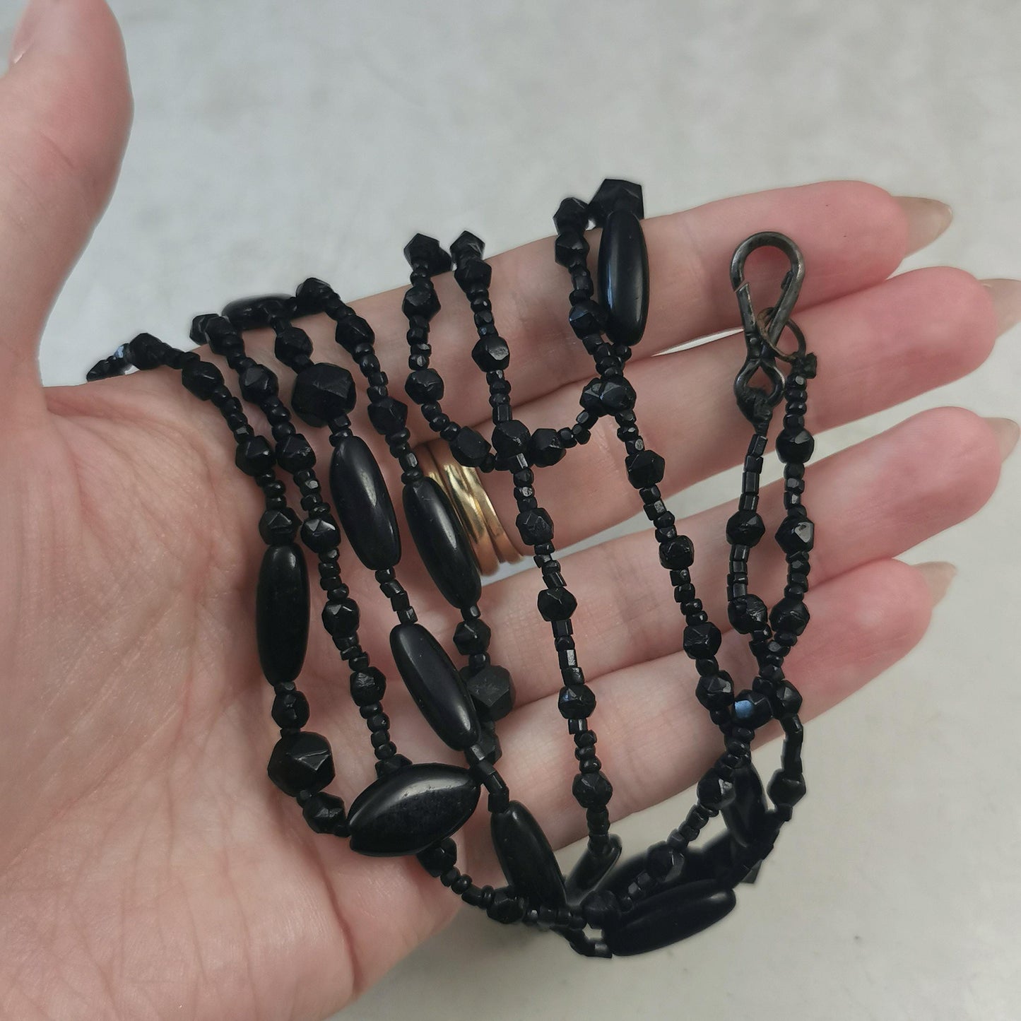 Victorian Black Glass Mourning Beads - Long Guard Chain Mourning Necklace