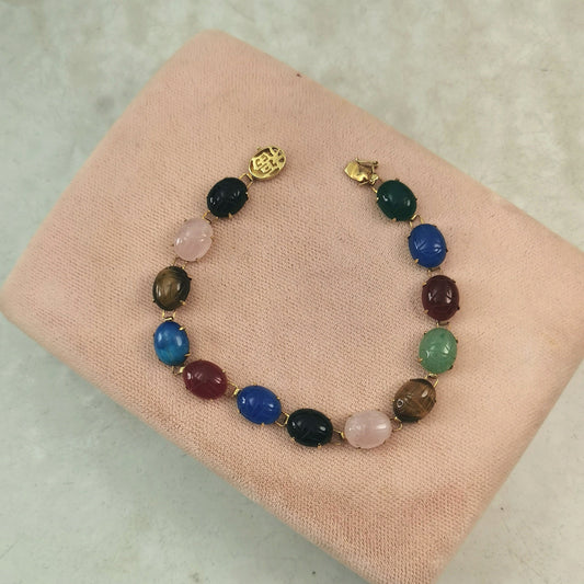 Vintage 14k Yellow Gold Semi Precious Gems Scarab Beetle Bracelet