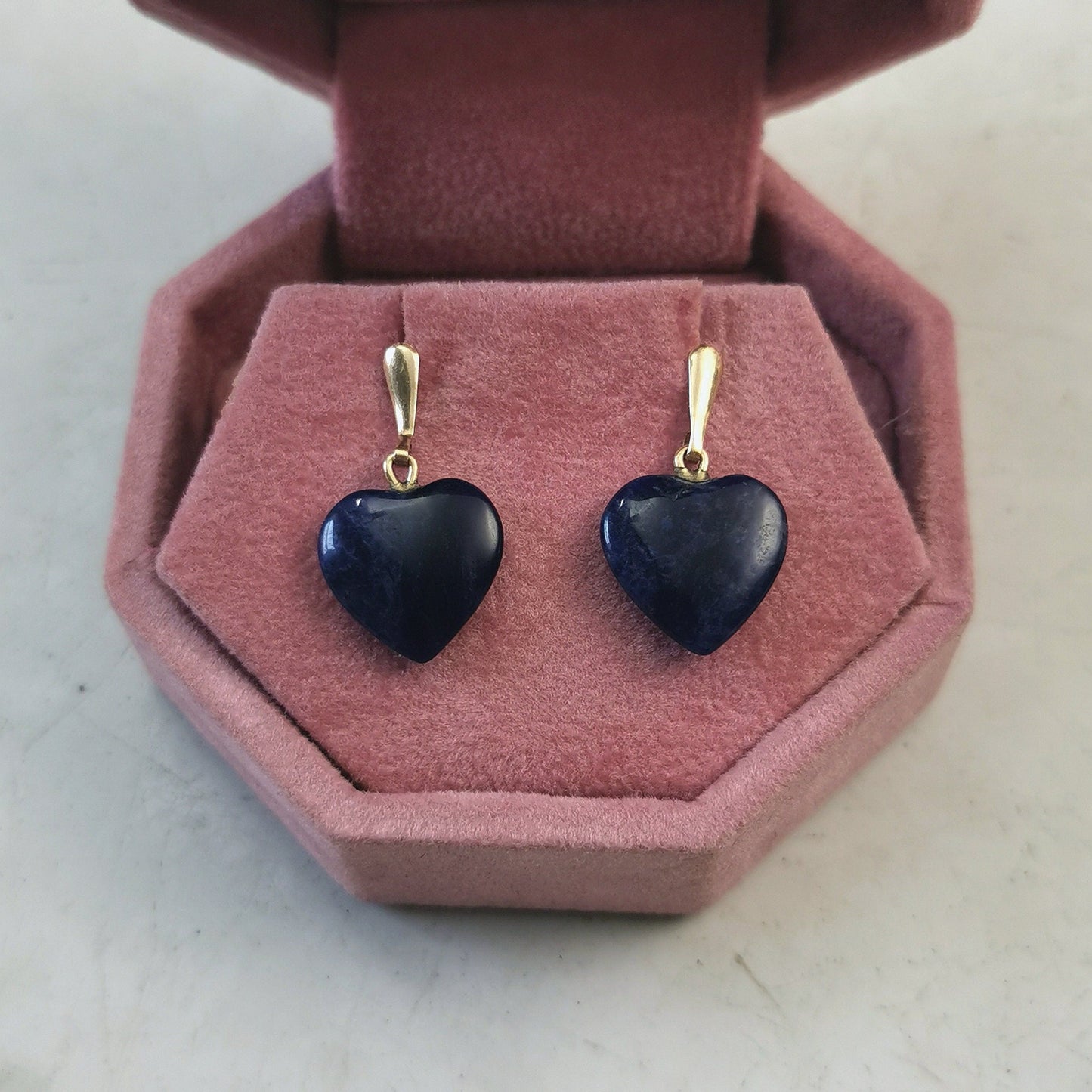 Vintage 14k Yellow Gold Sodalite Heart Dangle Stud Earrings