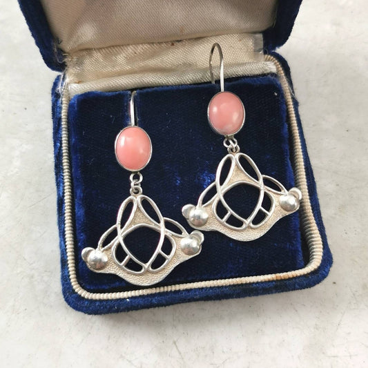 Sterling Silver Art Nouveau Style Russian Coral Dangle Earrings