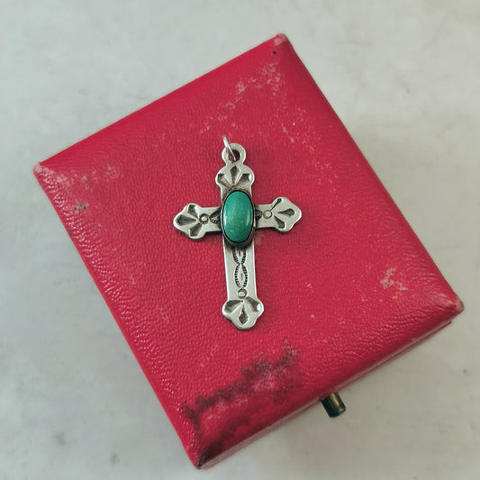 Vintage Navajo Patterned Silver and Turquoise Medium Cross Pendant
