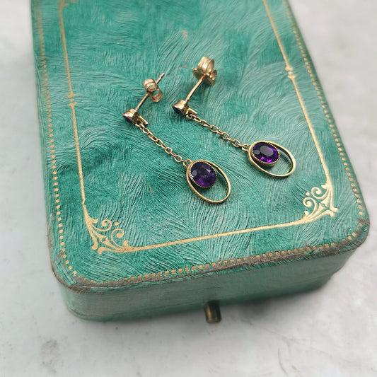 Edwardian 9ct/10K Yellow Gold and Amethyst Conversion Earrings
