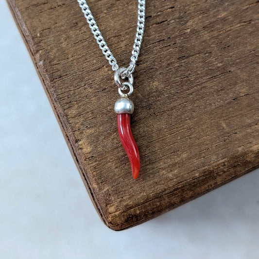 Sterling Silver Italian Red Coral Cornicello Necklace - Lucky Horn